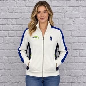 US OPEN POLO RALPH LAUREN Womens L Full Zip White Track Jacket Navy Blue Pony